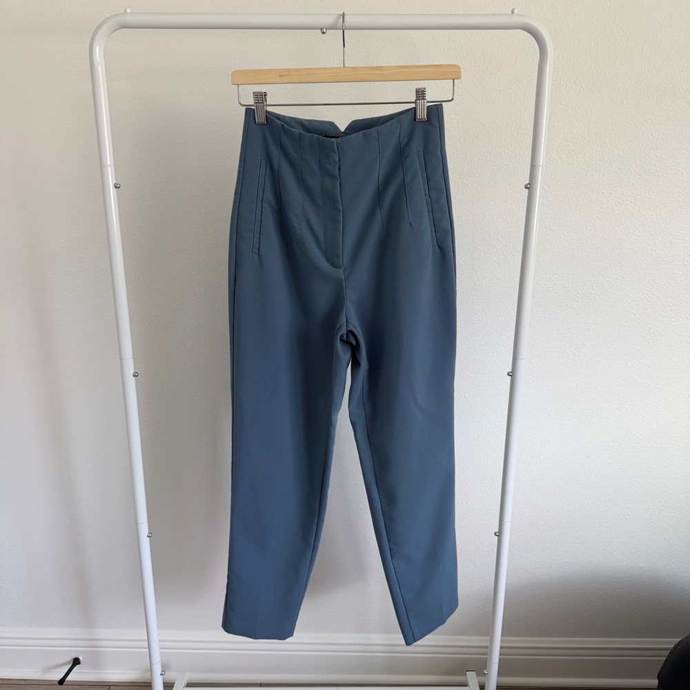 Zara High Waisted Tailored Pleated Pants Blue